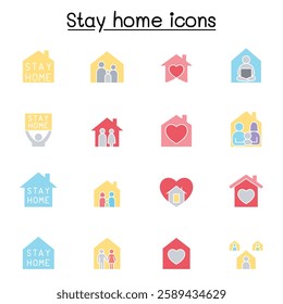 Stay home icon set in flat color style