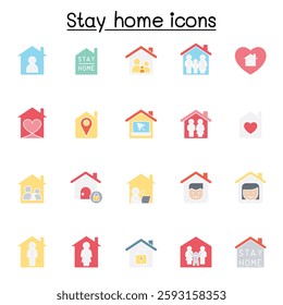 Stay home icon set in flat color style