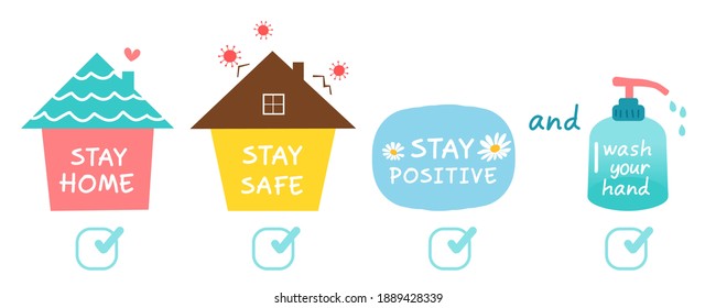 Stay home icon set and hand written font Corona virus elements vector illustration.