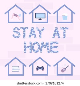 Stay at home icon set and lettering. What to do at home: yoga, watch tv, cook, read book, play a game, music.