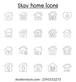 Stay home icon set in thin line style