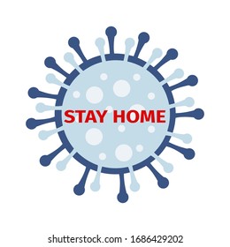 Stay home. Icon of virus with text. Coronavirus outbreak. Stay at home. Prevent covid-19. Pandemic. Isolated vector illustration. Stock illustration.