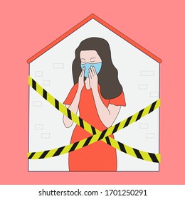Stay home icon, woman character in face mask isolated in her house with barricade tape
