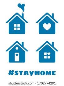 Stay home. Icons of house with heart. Vector symbol of quarantine, self isolation. Prevention spread of coronavirus, covid-19. Love and care family sign. Blue stickers isolated on white background