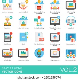 Bleiben Sie zu Hause Icons wie Lernsprache, Kochherausforderung, Backen, Online-Klasse, Video-Konferenz-App, Hörbuch, E-Book-Reader, Streaming-Service, Film-Marathon, Podcast, Binge-Watch.