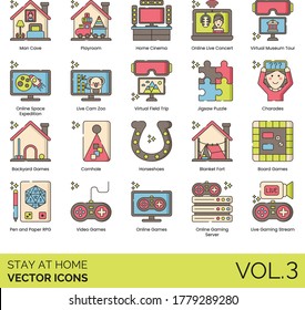 Stay At Home Icons Including Man Cave, Cinema, Online Concert, Virtual Museum Tour, Space Expedition, Live Cam Zoo, Backyard, Cornhole, Horseshoes, Blanket Fort, Board Game, Pen And Paper RPG, Stream.