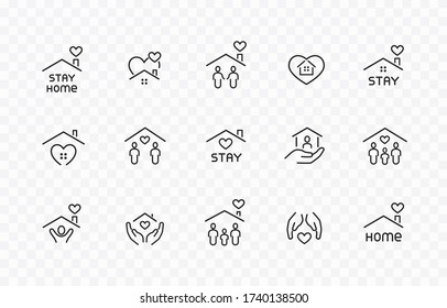 Stay Home Icons Isolated On Transparent Background. Vector Hand Holding House With Heart Symbol. Care And Safe Home, Quarantine Signs
