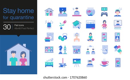 Stay home icons. Stay at home for quarantine protect from coronavirus (covid-19). Flat design. Vector illustration.