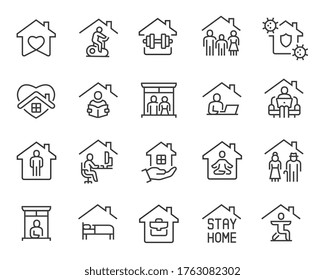 Stay Home Icons set. Collection of linear simple web icons such as Work from Home, Stay Home, Virus Protection, Isolation, Sports and Hobbies, Covid-19, CORONAVIRUS, Family at Home, Quarantine and - Shutterstock ID 1763082302