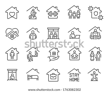 Stay Home Icons set. Collection of linear simple web icons such as Work from Home, Stay Home, Virus Protection, Isolation, Sports and Hobbies, Covid-19, CORONAVIRUS, Family at Home, Quarantine and
