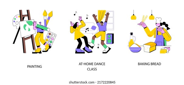 Stay Home Ideas Abstract Concept Vector Illustration Set. Painting And Art Therapy, At-home Dance Class, Baking Bread, Online Sketching Lesson, Quarantine Cooking, Stress Relief Abstract Metaphor.