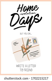 Stay home illusrtation and lettering with Coronavirus messages. Protect from Covid-19 epidemic. Self-isolation and quarantine phrases for social media, banners, web, stickers, tags