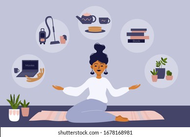 Stay home illustration. Care for houseplants, reading book, cleaning house, cooking, watching movies. Girl choosing home activities. Self isolation, quarantine due to coronavirus. Set of vector icons.