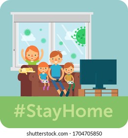 Stay home illustration. The family stayed at home and gaming on console. Quarantine or self-isolation. 