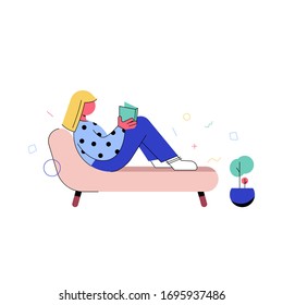Stay home illustration and logo. The family is sitting at home. Quarantine or self-isolation. Healthcare concept. Fears of getting coronavirus. Global viral epidemic or pandemic. 