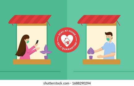 Stay at home illustration vector. House facade with windows. People look out of apartment. Self isolation, quarantine due to coronavirus. prevention and protection from spreading