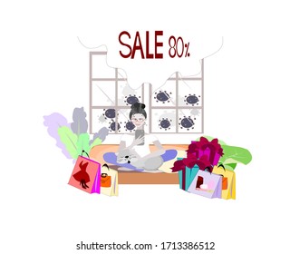 Stay at home. Illustration vector woman is enjoying online shopping on sale products. Girl and cat sitting on the sofa using mobile phones. Covid-19 virus is spreading outside the window. 