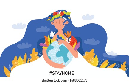 Stay at home illustration with woman, Earth and houses. Protection campaign or measure from coronavirus.Corona virus self-quarantine. Isolation period at home.