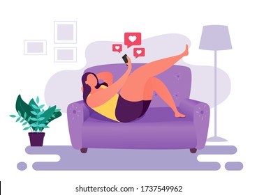 Stay home illustration with a woman, reading news on smartphone, laying on sofa in her room. Social media interaction, chatting and likes. Stay online.