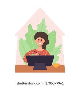 Stay at home illustration, young woman sitting from desk and working on graphic monitor at home. Freelance, work at home self isolation from coronavirus pandemic, health care, protection in flat style