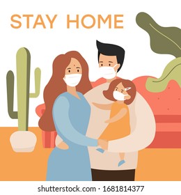 Stay Home. India. Coronavirus disease COVID-19. Family, people in medical masks at home. Quarantine. Pandemic. Protection. Vector flat illustration for social media.
