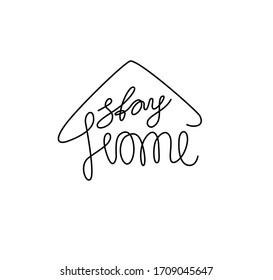 Stay home inscription, continuous line drawing, hand lettering, print for clothes, t-shirt, emblem or logo design, one single line on a white background. Isolated vector illustration.