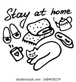 Stay at home inscription. Isolation at home concept. Cozy hand drawn elements. Vector