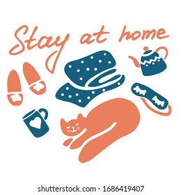 Stay at home inscription. Isolation at home concept. Cozy hand drawn elements. Vector