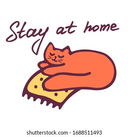Stay home inspiration and cute cat icon. Hand drawn illustration. Novel coronavirus 2019-nCoV concept. Vector illustration