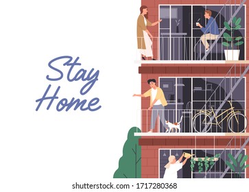 Stay home, isolation concept. Horizontal banner with a place for text. People spend time in apartment during coronavirus quarantine. Neighbors on balconies. Vector illustration in flat cartoon style