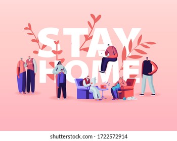 Stay Home Isolation Concept. People Characters Wearing Medical Masks Domestic Activity. Family of Parents, Grandparents and Kids on Lockdown Quarantine Poster Banner Flyer. Cartoon Vector Illustration