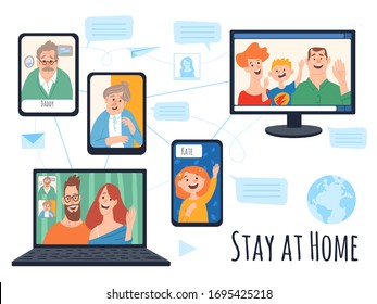 Stay at home isolation vector illustration with family and adults and internet connection. Stay at home and be in touch with your family. 