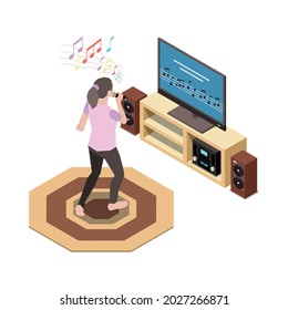 Stay at home isometric composition with character of woman singing karaoke on tv set vector illustration