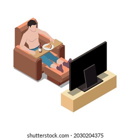 Stay at home isometric composition with male character watching tv with junk food vector illustration