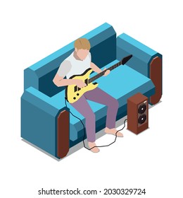 Estar en casa composición isométrica con personaje masculino sentado en un sofá tocando ilustración vectorial de guitarra