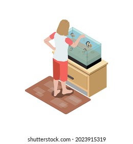 Stay at home isometric composition with view of woman feeding fishes in aquarium vector illustration