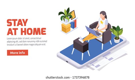 Stay home isometric composition with woman sitting on mobile screen typing on laptop working remotely vector illustration 