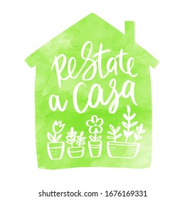 Stay home. Italian inscription inside house with home flowers. Concept of coronavirus quarantine. Virus outbreak. Coronavirus COVID-19 in China. Calligraphy. Brush Lettering quote. Vector background. 