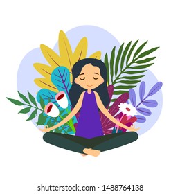 stay home, keep calm, meditation concept, health benefits for the body, mind and emotions, a girl sitting in a lotus position against a background of plants and clouds, the thought process