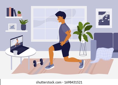 Stay home, keep fit and positive. Man doing exercise on laptop. Online training at home gym. sport internet fitness workout. Healthy lifestyle. Coronavirus quarantine isolation. Vector illustration. - Shutterstock ID 1698431521