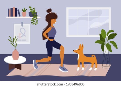 Stay Home, Keep Fit And Positive. Cute Girl Doing Squats, Exercise, Playing With Dog Basenji. Fitness Workout, Sport At Home. Healthy Lifestyle. Coronavirus Quarantine Isolation. Vector Illustration.