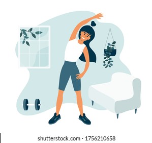 Stay home, keep fit and positive. Young woman doing side bends, stretching. Sport exercise, fitness workout. Physical activity, healthy lifestyle concept. Quarantine isolation. Gym vector illustration