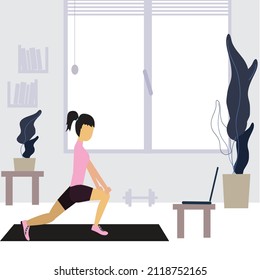 Stay home, keep fit and positive. Woan doing exercise on laptop. Online training at home gym. sport internet fitness workout. Healthy lifestyle. Coronavirus quarantine isolation. Vector illustration.
