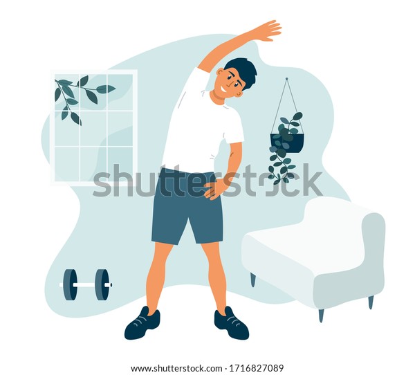 Stay home, keep fit and positive. Man doing\
side bends, stretching. Sport exercise, fitness workout. Physical\
activity, healthy lifestyle concept. Quarantine lockdown vector\
illustration.