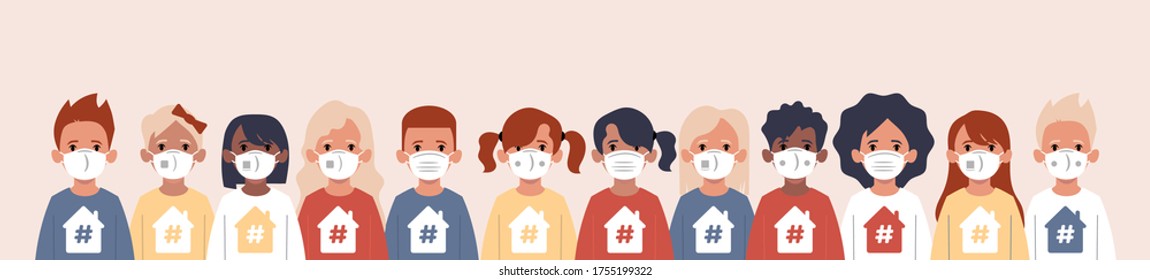 Stay at home. Kids with protection mask flat vector illustrations set. Group of children wearing medical masks to prevent disease, flu, air pollution, contaminated air, world pollution.