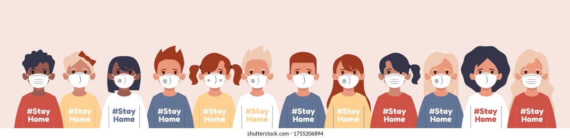 Stay at home. Kids with protection mask flat vector illustrations set. Group of children wearing medical masks to prevent disease, flu, air pollution, contaminated air, world pollution.