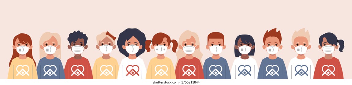 Stay at home. Kids with protection mask flat vector illustrations set. Group of children wearing medical masks to prevent disease, flu, air pollution, contaminated air, world pollution.