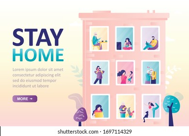 Stay Home Landing Page Template. Building With Windows. Various People In Their Apartments. Self-isolation Or Quarantine. Citizens At Home. Pandemic Covid-19. Health Care Concept. Vector Illustration