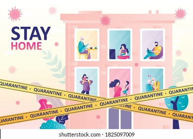 Stay home landing page template. Building with windows. Various people in their apartments. Lockdown or quarantine. Citizens at home. Coronavirus Pandemic. Health care concept. Vector illustration