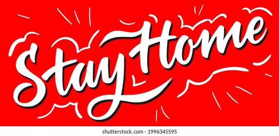 stay home lettering banner red background